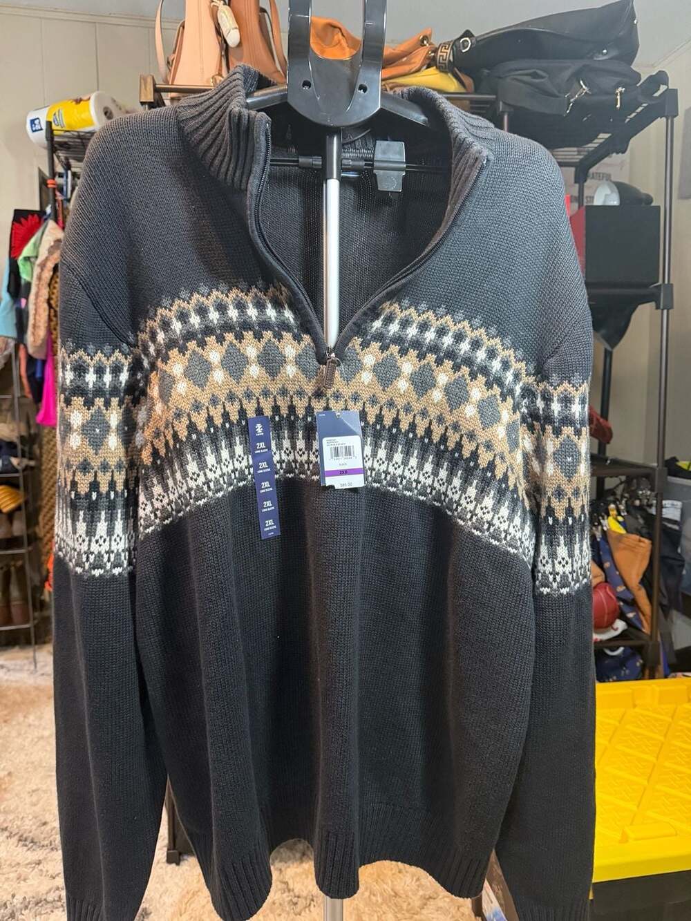 IZOD Big & Tall Holiday Fair Isle Quarter-Zip Sweater Black 2XB